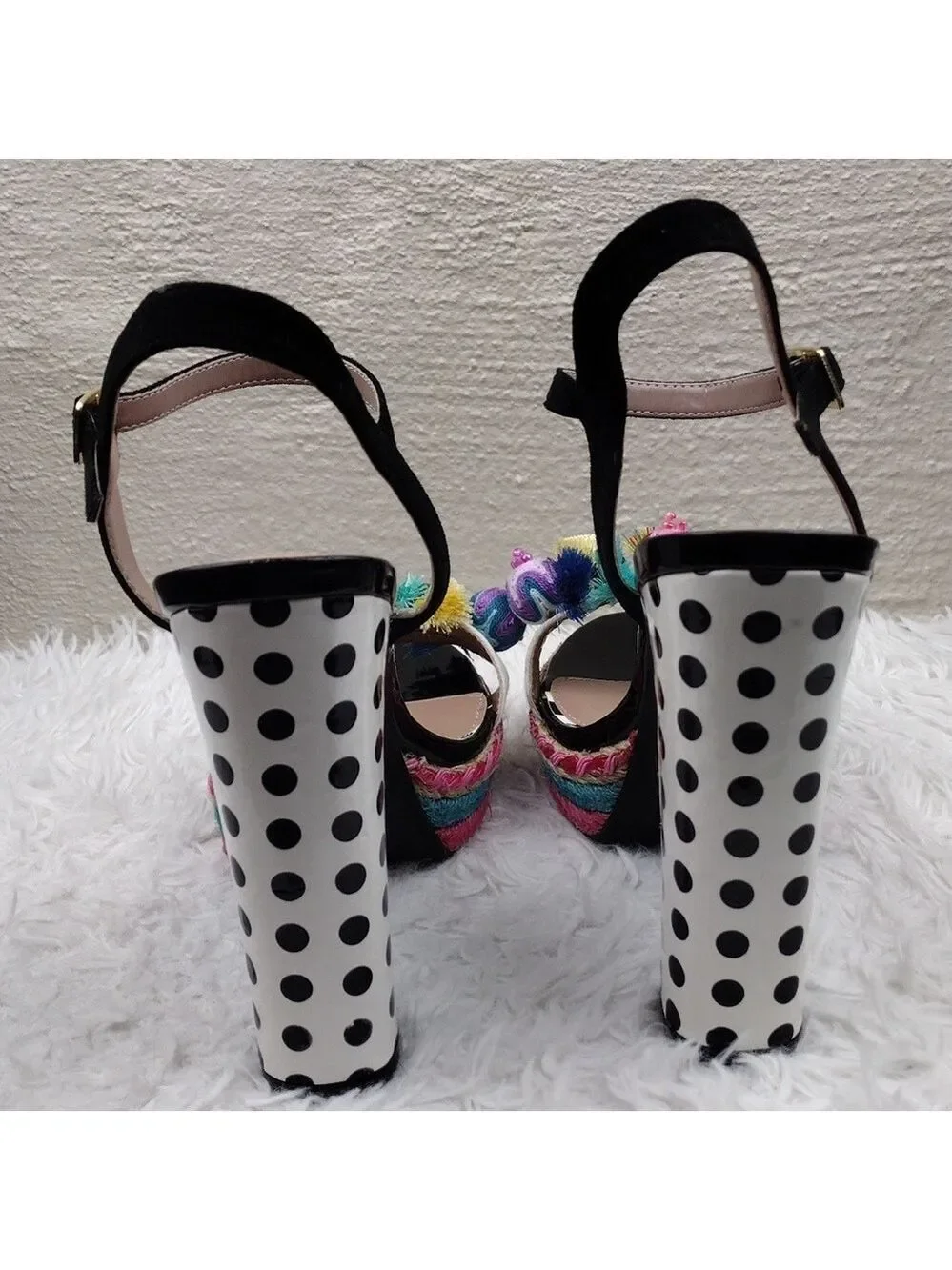 Betsey Johnson Polka Black White Embroidered Open Toe Slingback High Heel Shoe